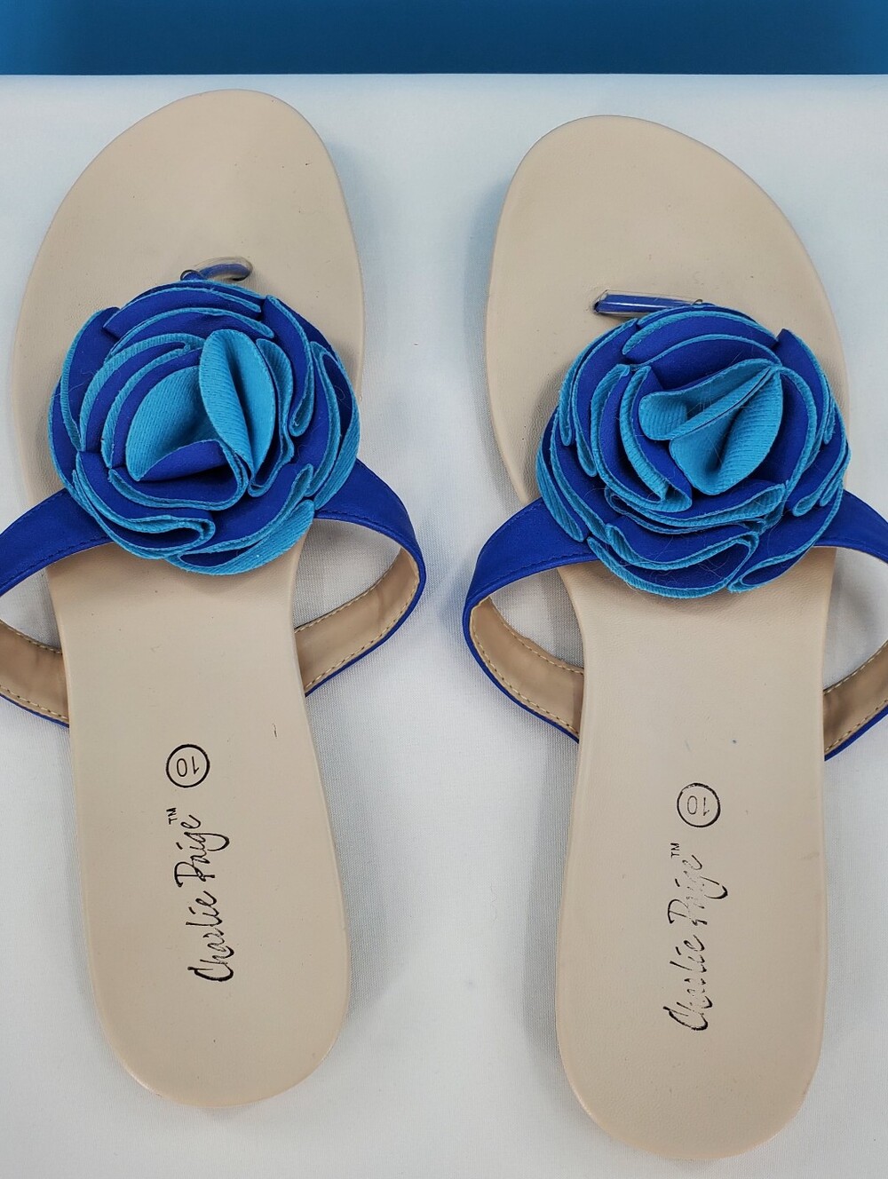 Charlie Paige blue floral flip flops 10